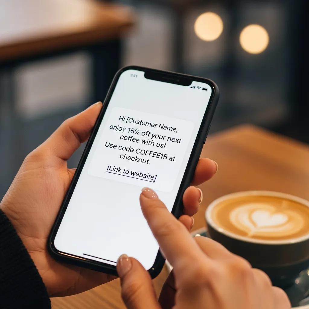 Smartphone displaying personalized SMS marketing message for lead acquisition, featuring discount offer and call-to-action link, with coffee cup in background.