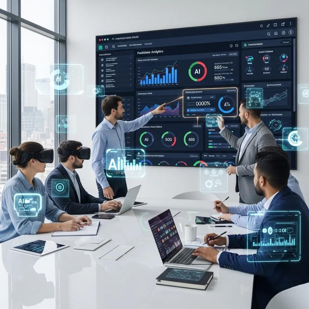 Team analyzing AI-driven data analytics during a strategy session, highlighting search optimization techniques and user engagement metrics for business growth.
