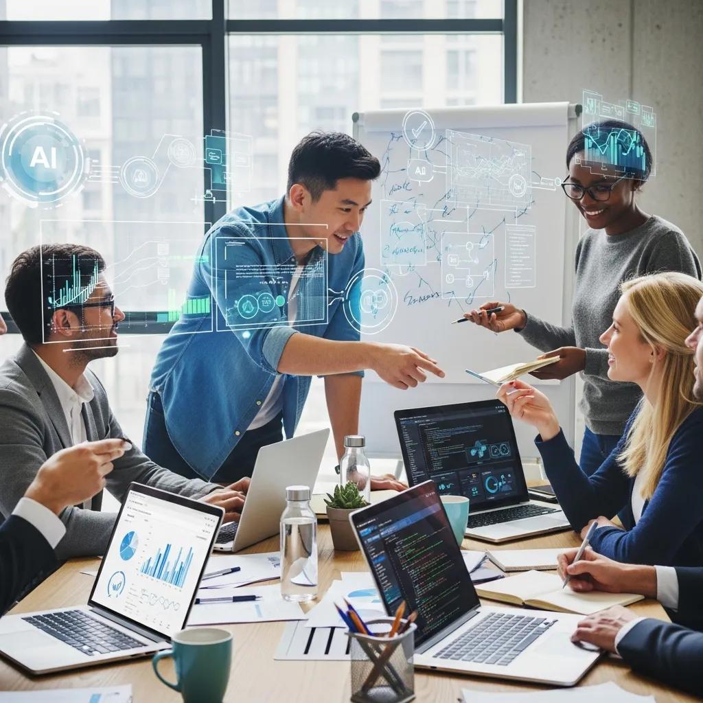 Team collaborating on AI-driven lead generation strategies in a modern workspace, with digital analytics and data visualizations displayed.