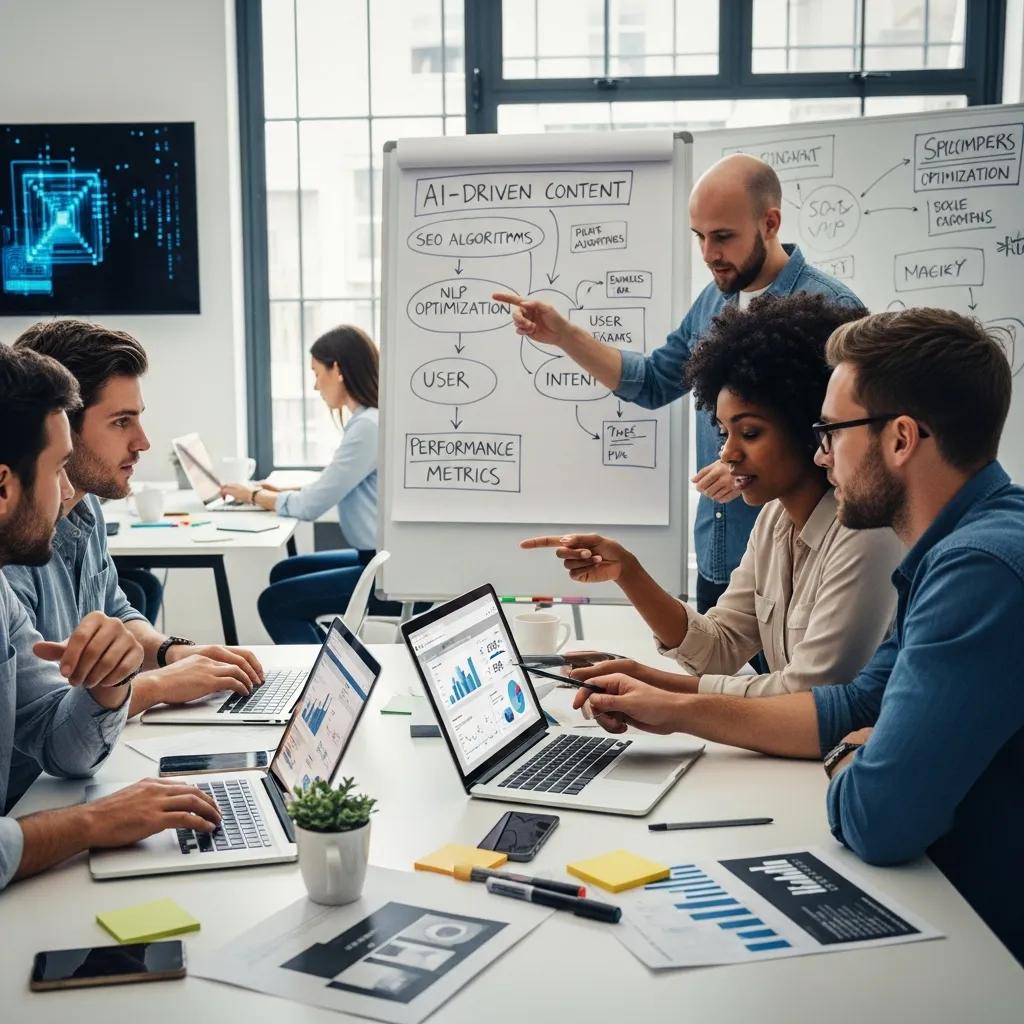Team collaborating on AI content optimization strategies in a modern office, discussing SEO algorithms and performance metrics, with laptops displaying data visualizations and a whiteboard outlining AI-driven content concepts.