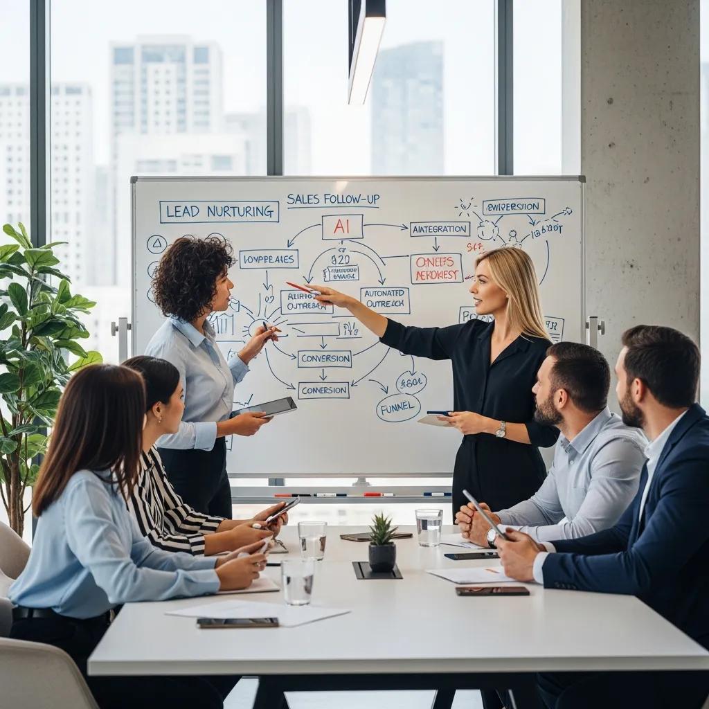 Team collaborating in a modern office discussing AI-driven sales follow-up strategies, with a whiteboard illustrating lead nurturing, automated outreach, and conversion processes.