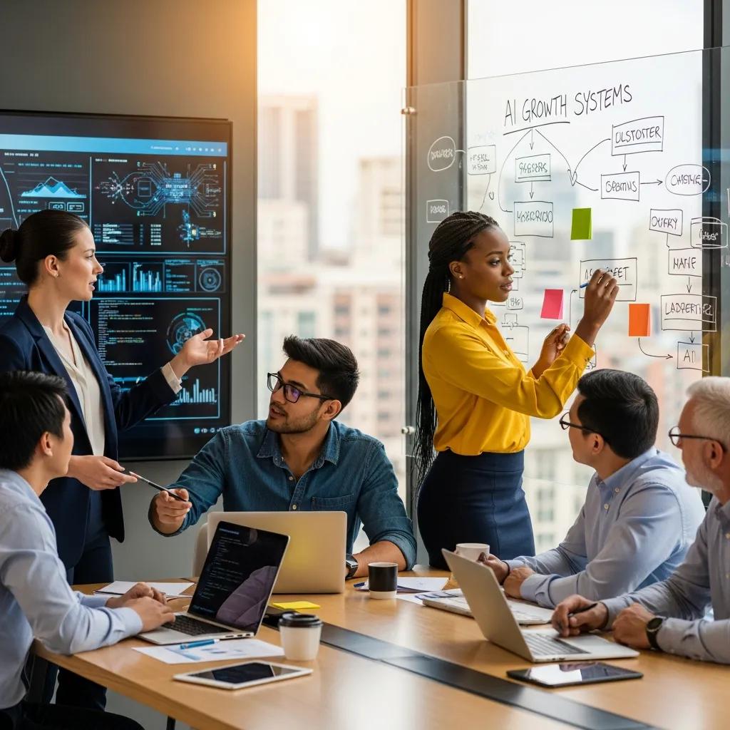 Team collaborating on AI growth systems in a modern office, discussing strategies and solutions, with a focus on process optimization and operational efficiency.