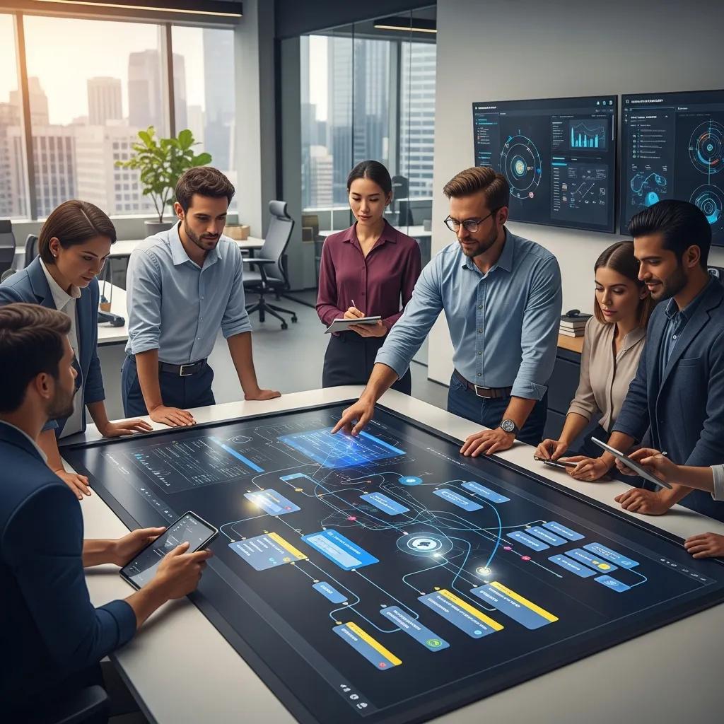 Team collaborating on custom agent-based workflows displayed on a digital screen in a modern office, illustrating AI-driven process optimization and intelligent automation strategies.