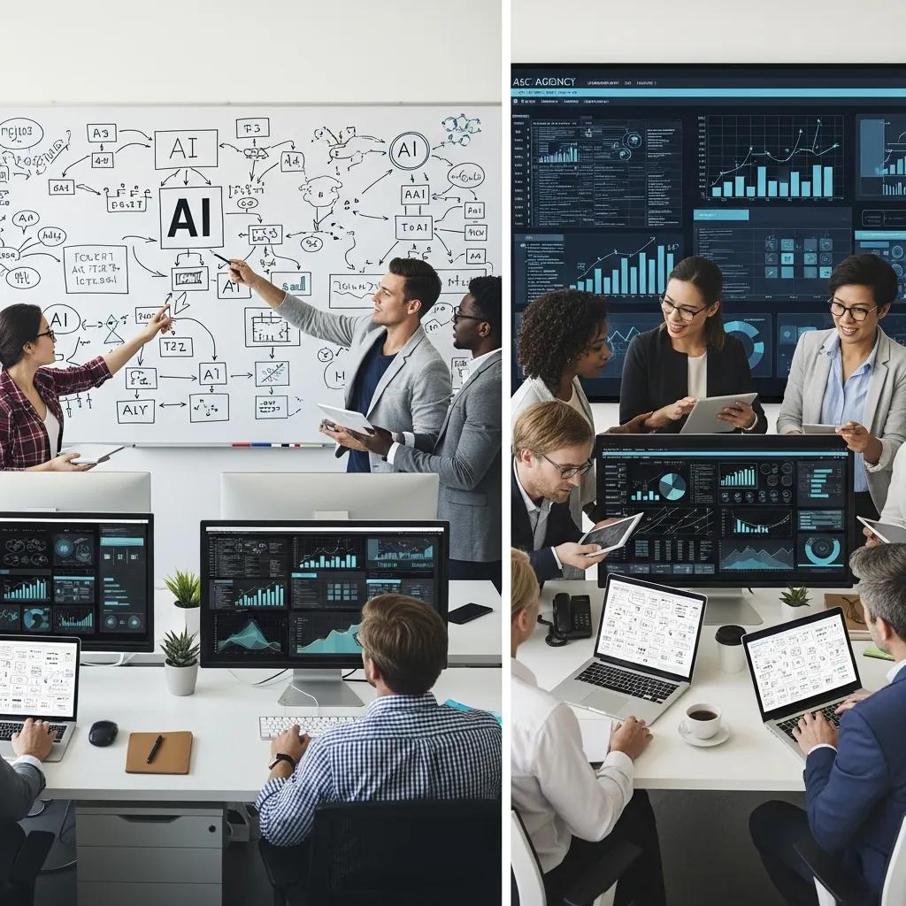 Team collaboration in AI development, showcasing in-house brainstorming with whiteboard diagrams and agency data analysis on screens, emphasizing strategic decision-making for AI adoption.