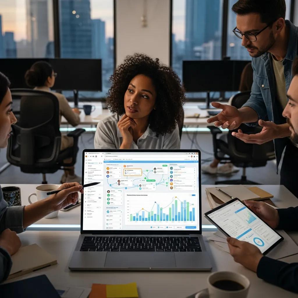 Team members collaborating on a digital workflow management interface, analyzing data visualizations and discussing AI automation strategies for enterprise efficiency.