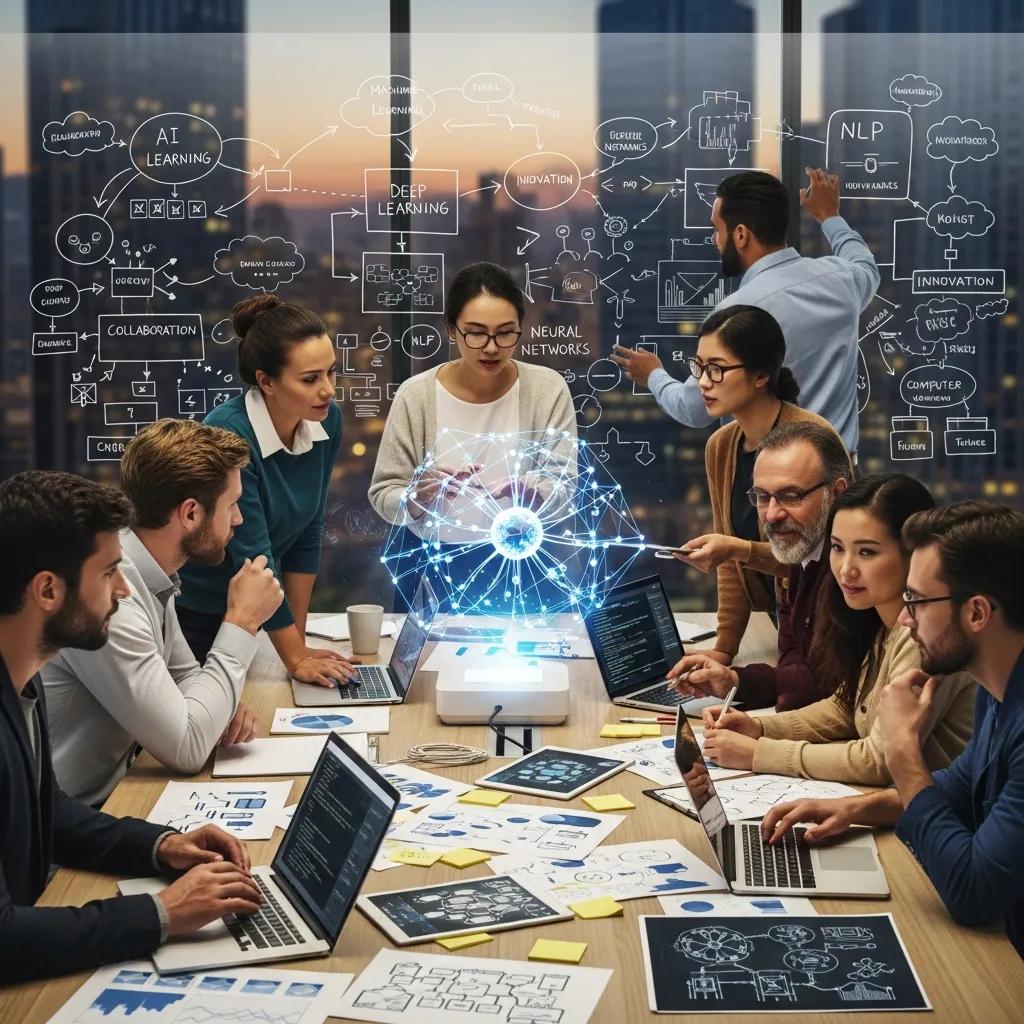 Team strategizing AI development and optimization, discussing neural networks and deep learning concepts, with digital visualizations and documents on a conference table, emphasizing collaboration for enhancing service business performance.