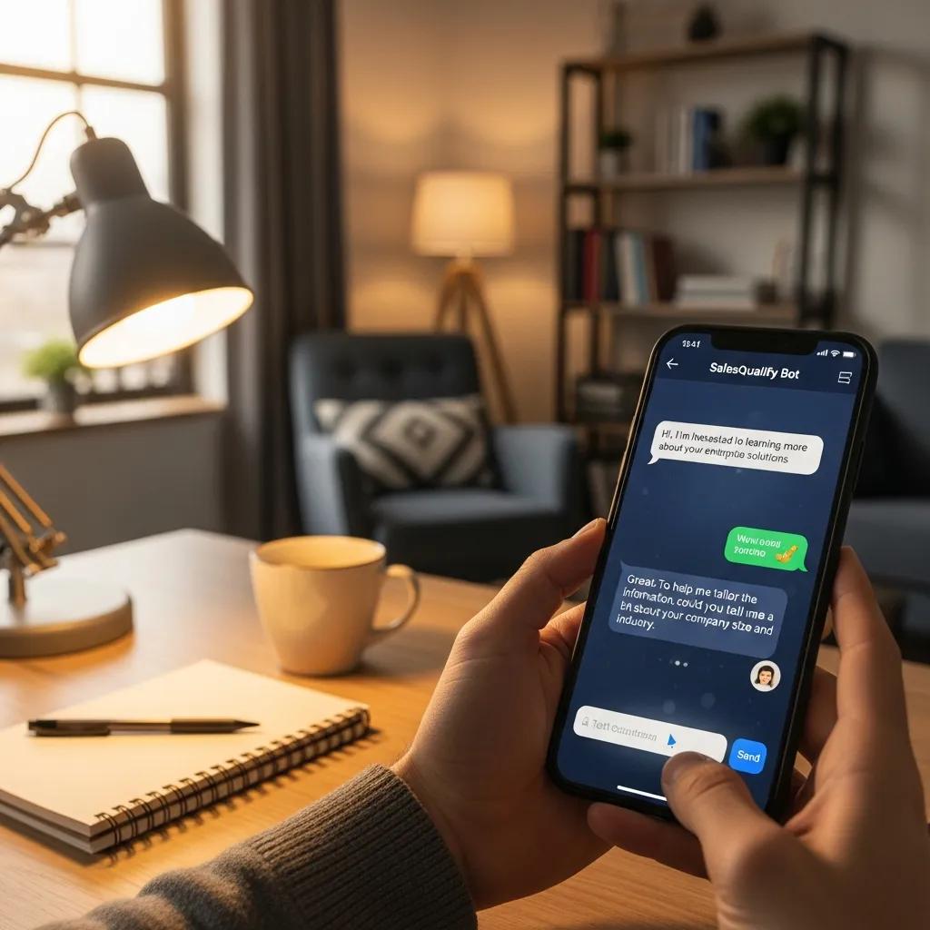 User interacting with chatbot interface on smartphone in cozy workspace, showcasing conversational AI for sales qualification and automation.