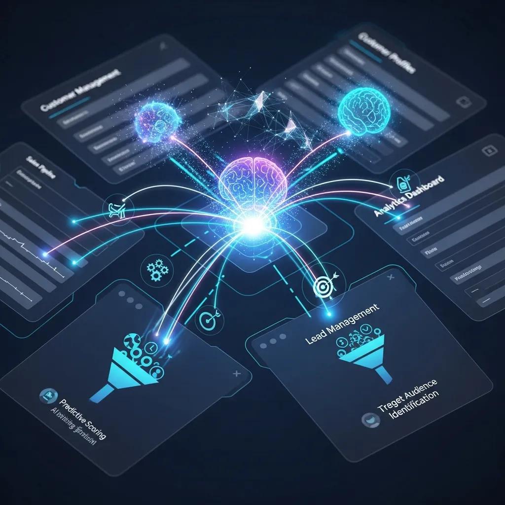 Visual representation of AI integration with CRM systems, featuring a central glowing brain connected to lead management and analytics dashboards, illustrating predictive scoring and audience identification for enhanced lead automation and optimization.