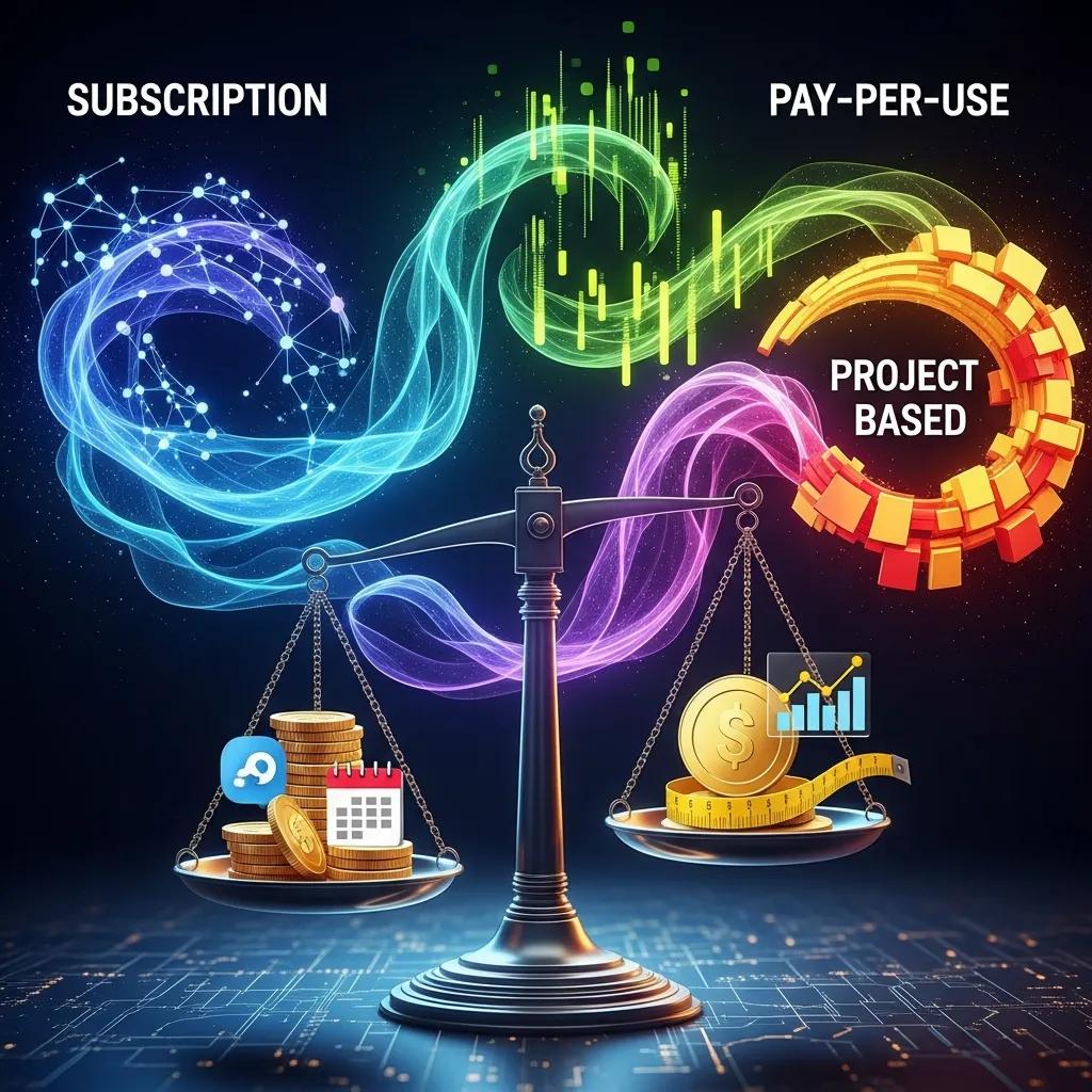 Visual representation of AI pricing models including subscription, pay-per-use, and project-based pricing, illustrated on a balance scale with coins and financial icons, emphasizing cost strategies for AI services.