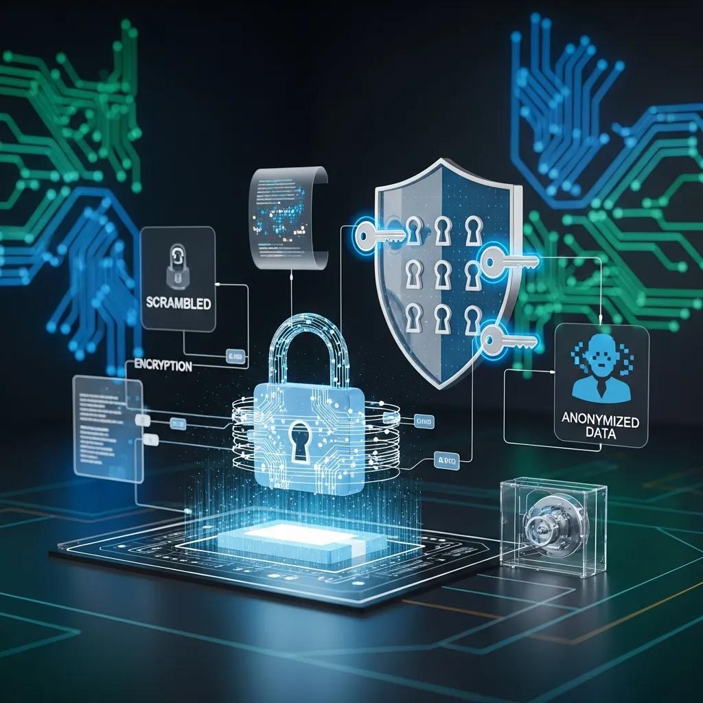 Visual representation of privacy-preserving AI techniques, featuring a digital lock, encryption symbols, and anonymized data graphics, emphasizing data protection and compliance with GDPR and EU AI Act.