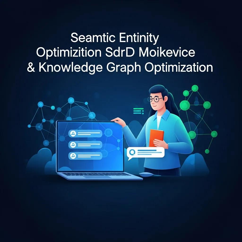 Visual representation of semantic entity optimization and knowledge graph strategies, featuring a person interacting with a laptop displaying structured data and digital connections, emphasizing digital marketing and AI-driven content strategies.