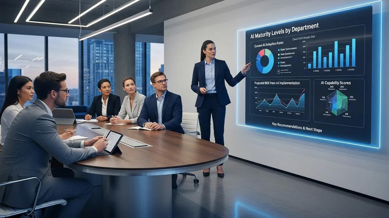 Business analyst presenting AI maturity assessment results to stakeholders