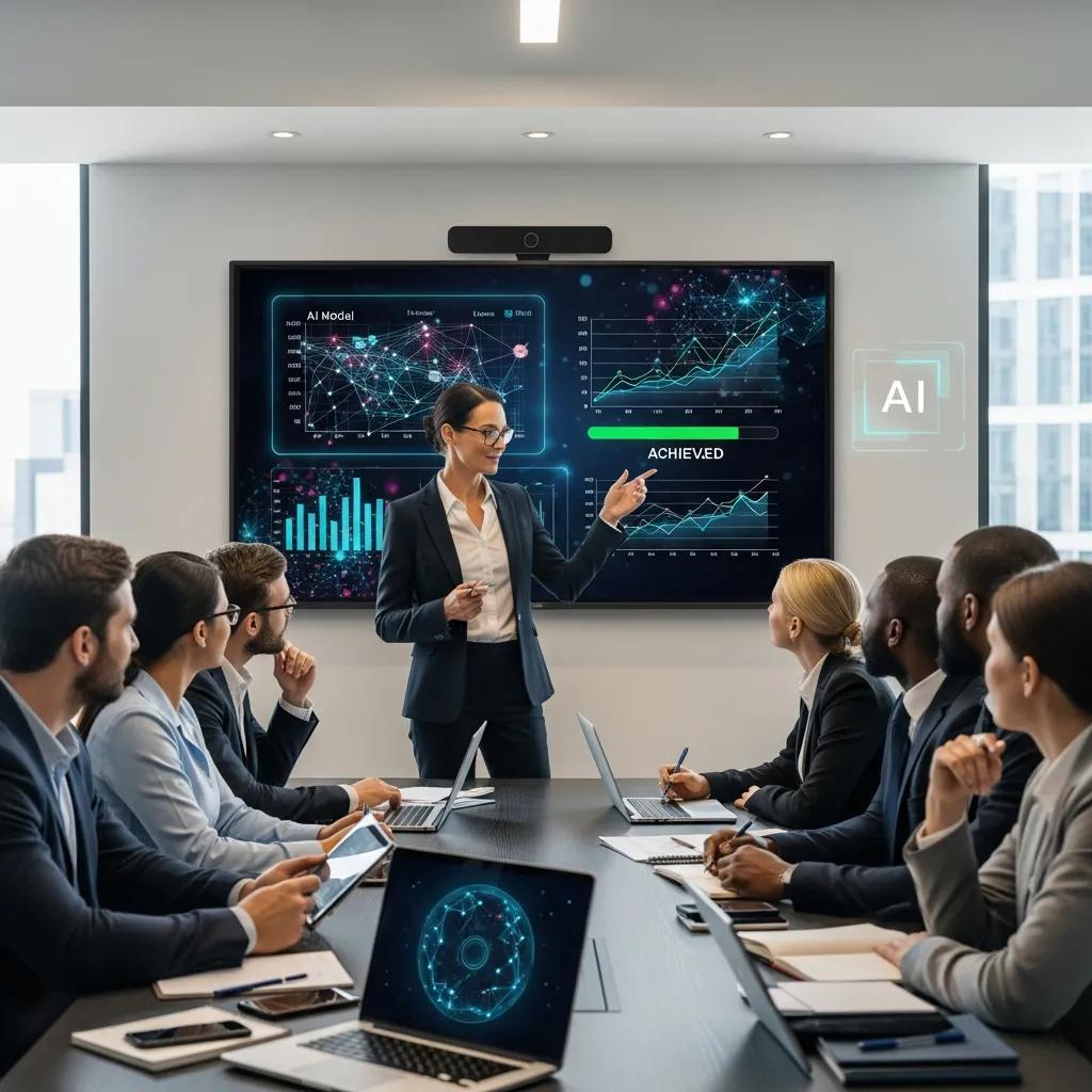 Business leader presenting AI pilot program results in a conference room