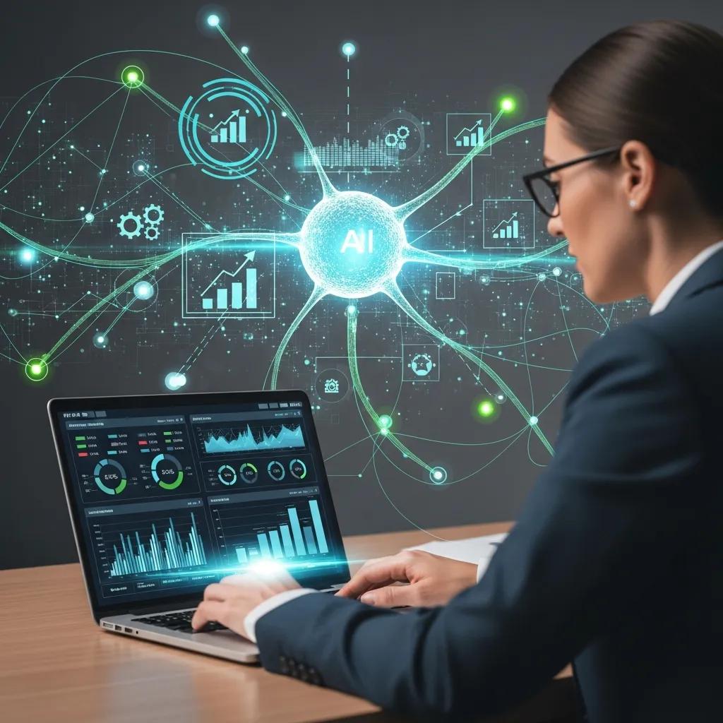 Business professional analyzing data with AI tools for optimization