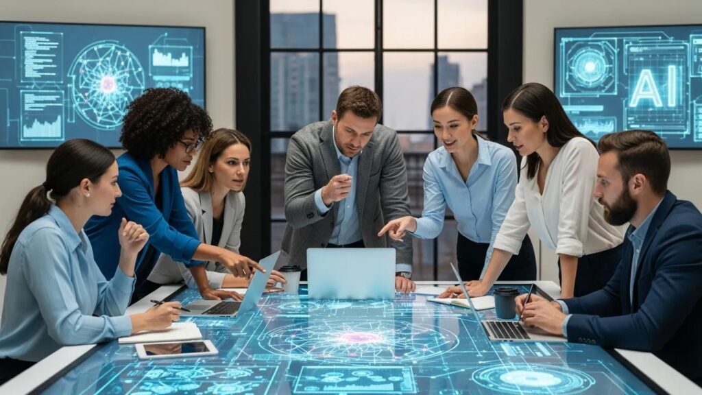 Business professionals collaborating on AI technology in a modern office, analyzing data on a digital display and discussing strategies for AI implementation.