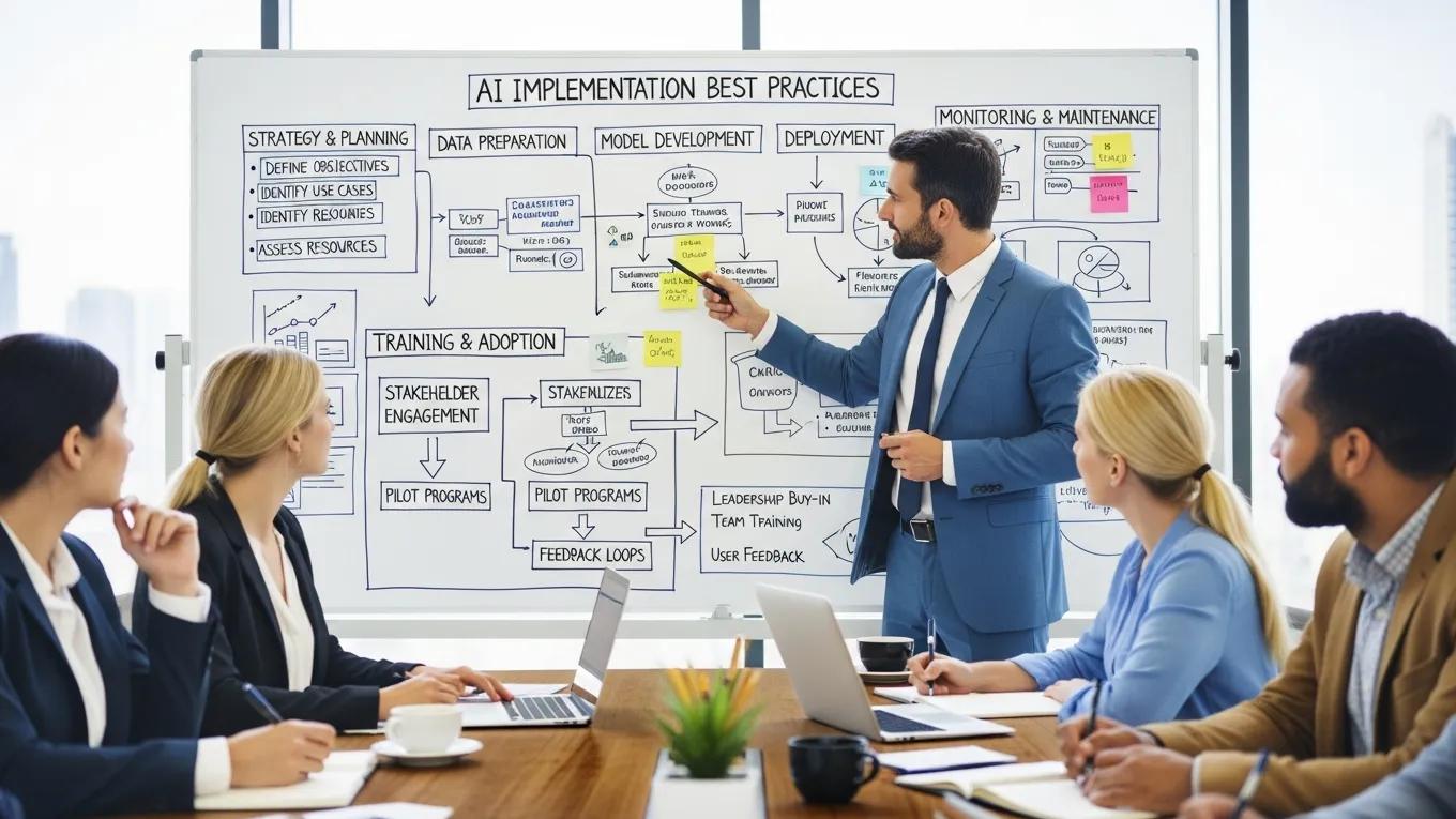 Business professionals discussing AI implementation best practices in a meeting