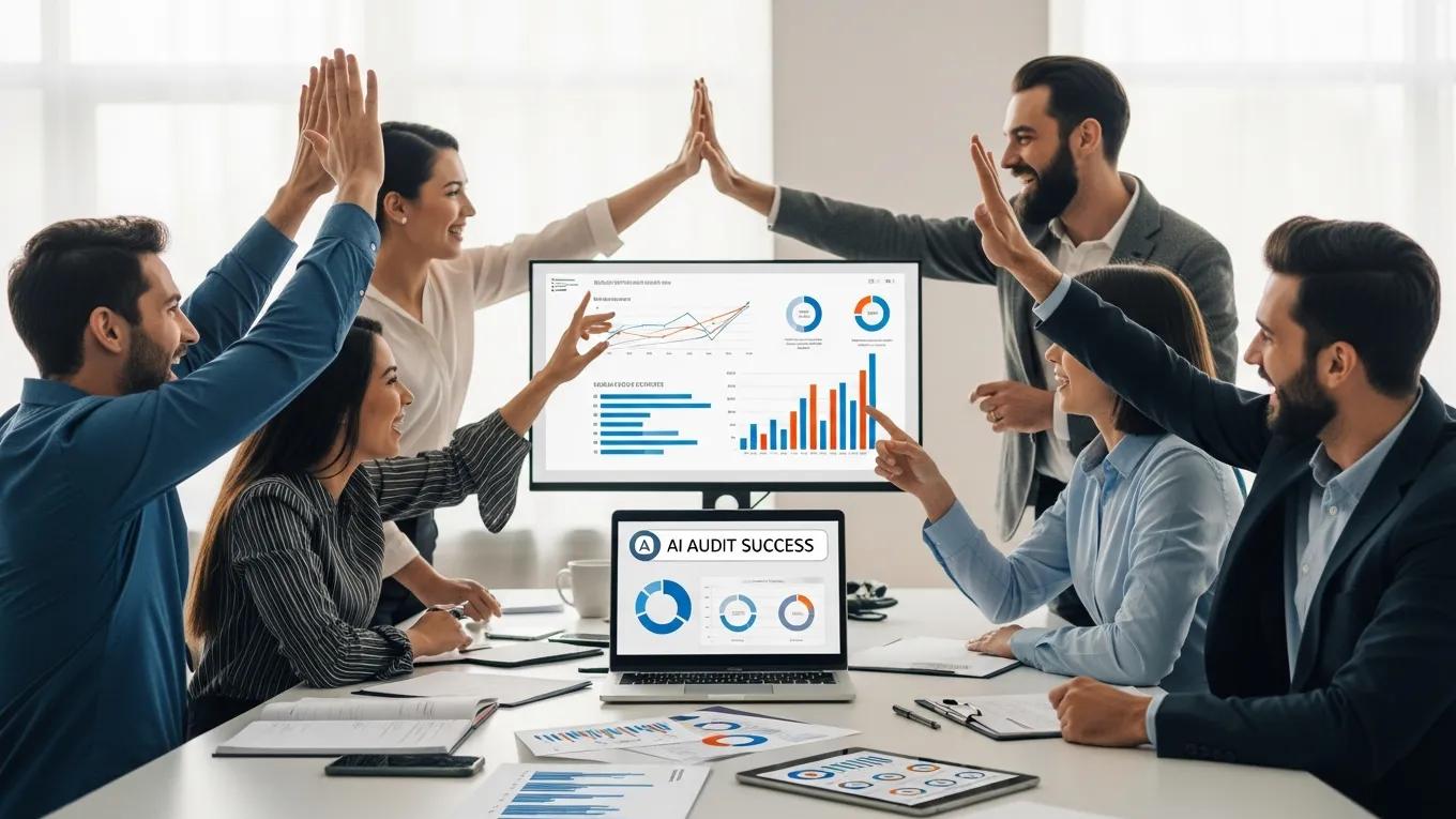 Business team celebrating success after AI-driven optimizations