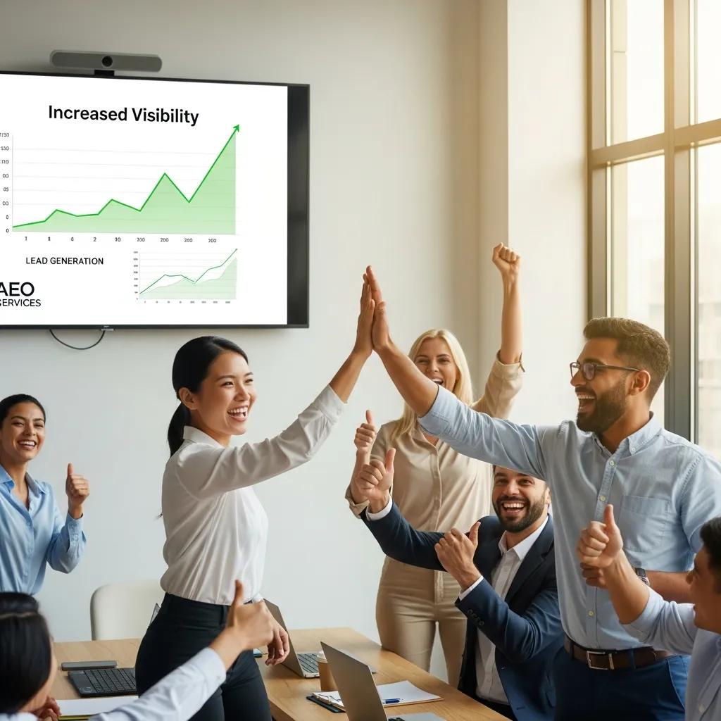 Business team celebrating success in a meeting room after implementing AEO services