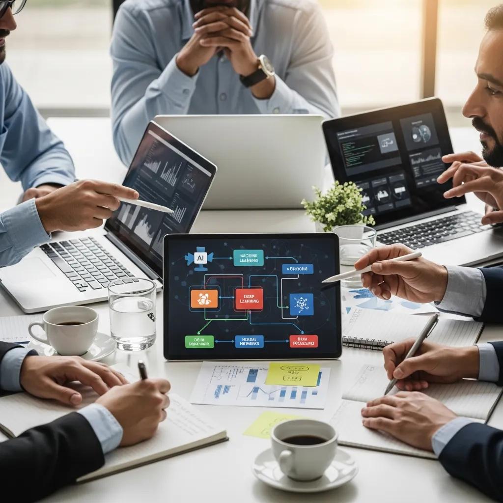 Consultants discussing AI implementation strategies in a collaborative meeting