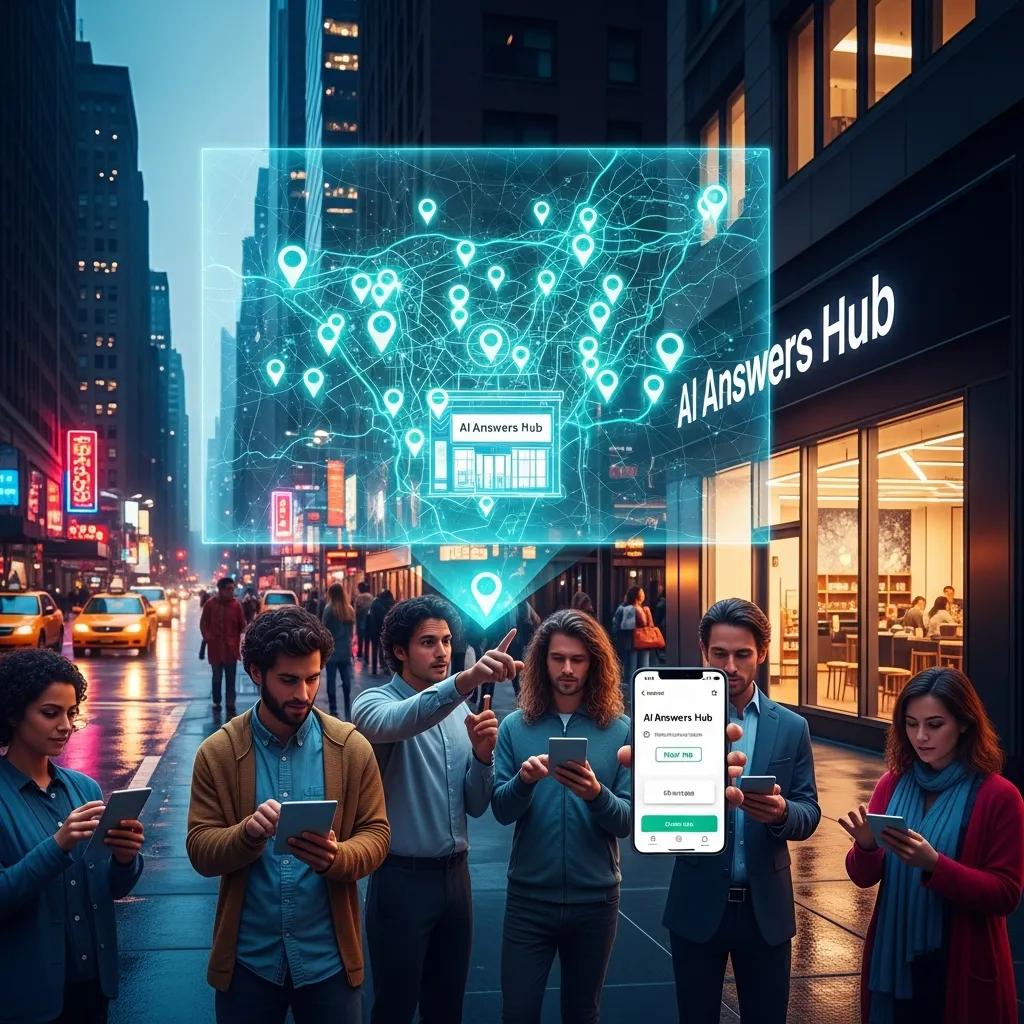 Digital map with location pins and a business storefront representing geo optimization in AI search