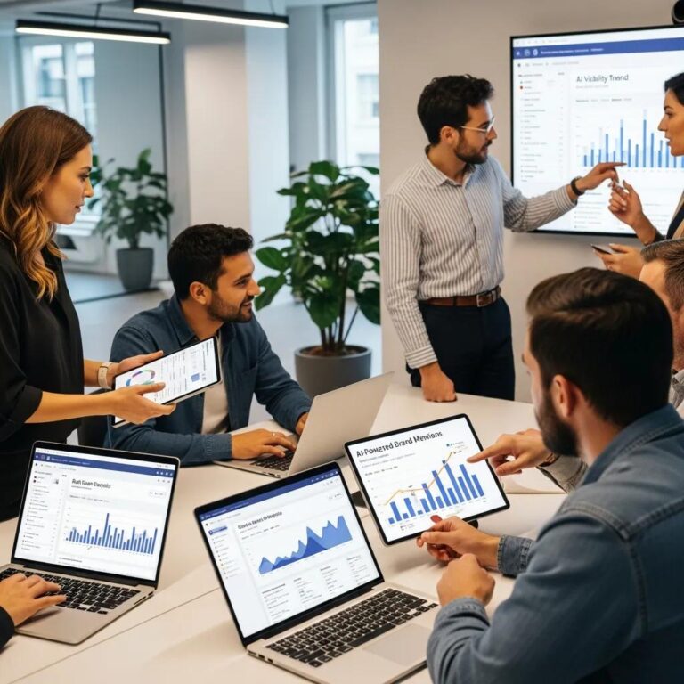 Digital marketing team analyzing AI visibility monitoring tools for brand tracking