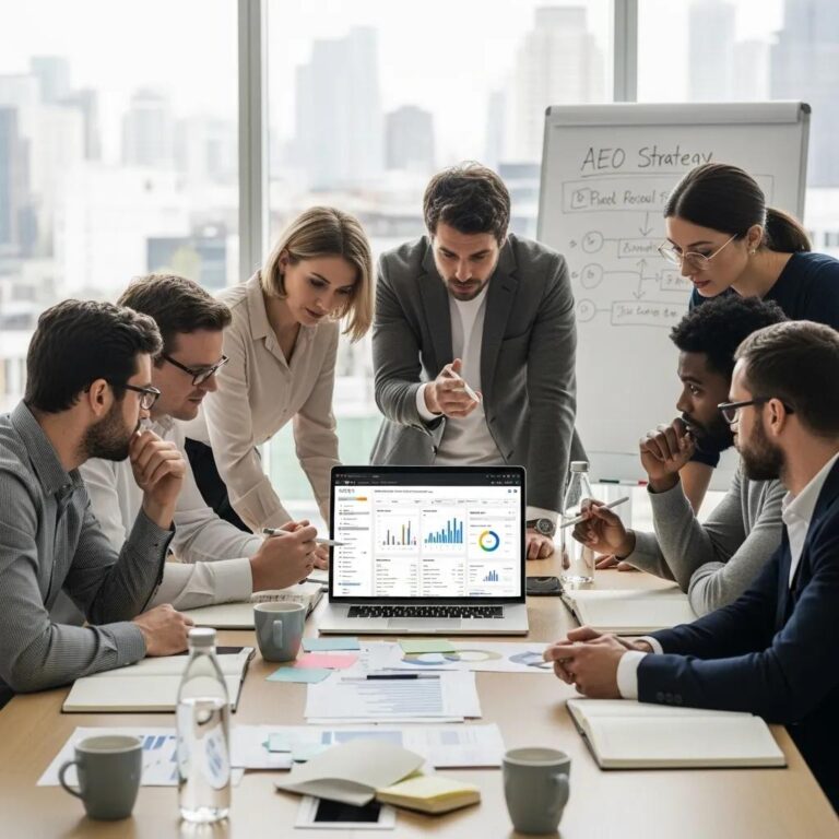 Digital marketing team collaborating on Answer Engine Optimization strategies