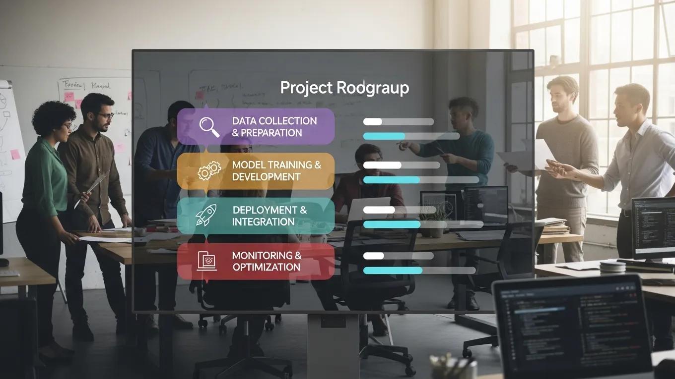 Digital project roadmap for AI implementation phases in a modern workspace
