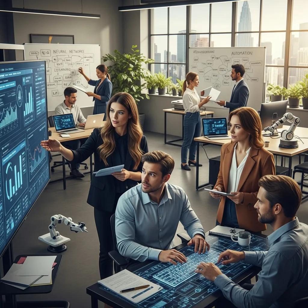 Diverse professionals collaborating with AI technology in a modern office setting