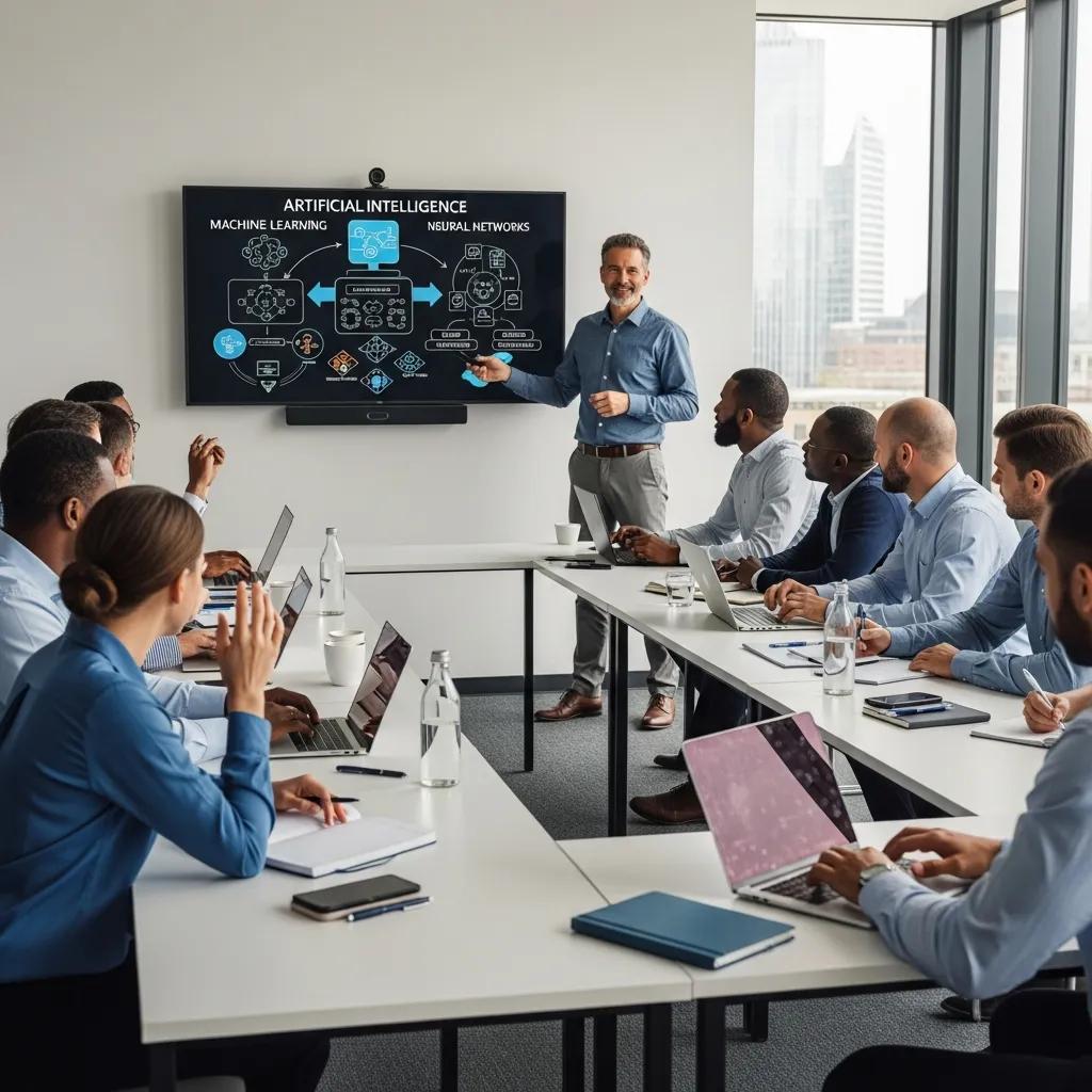 Employees participating in a training session on AI systems