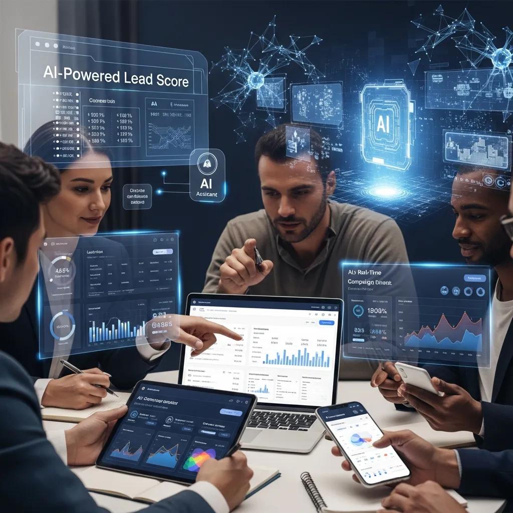 Marketing team analyzing customer data with AI technology in the background