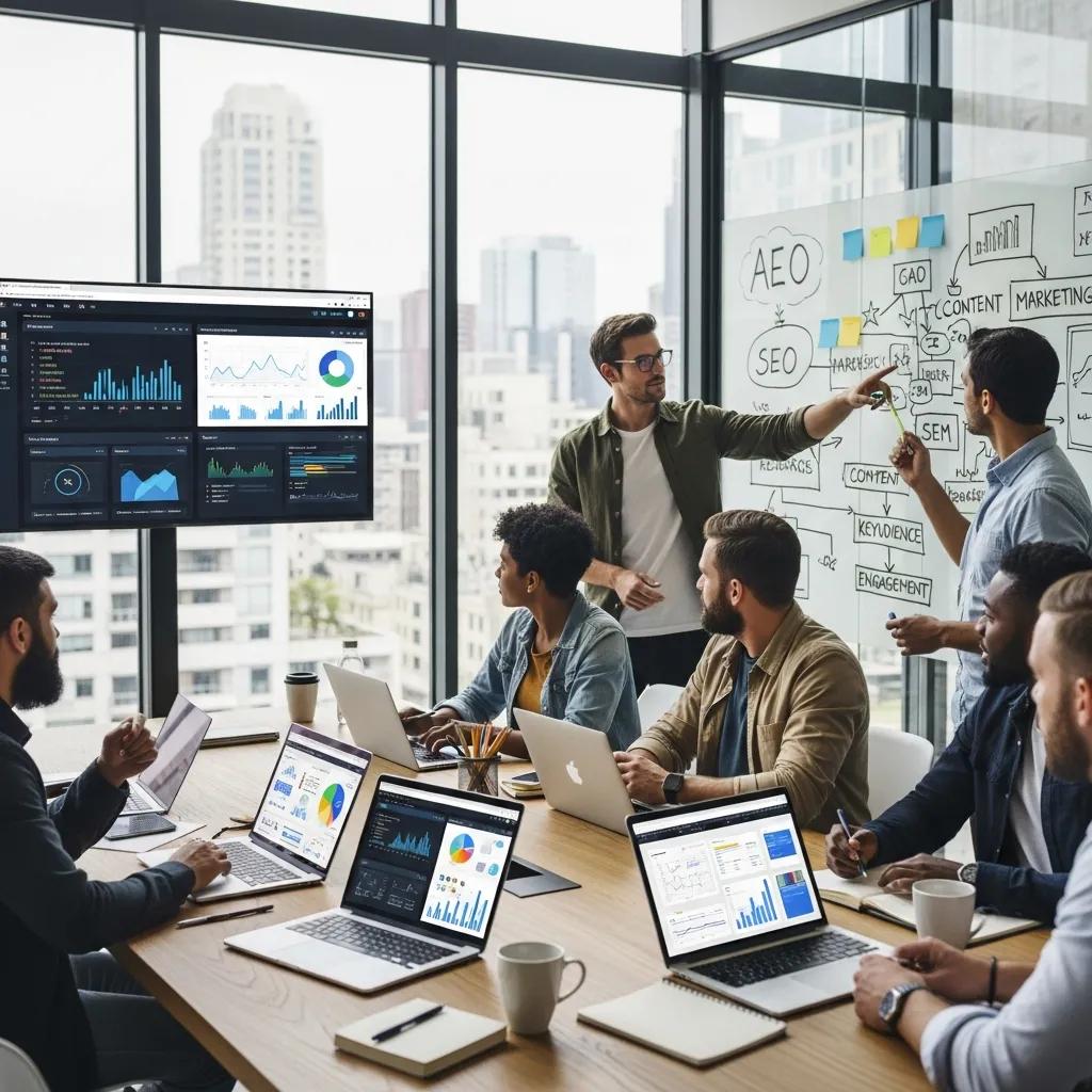 Professionals collaborating in a modern office on digital marketing strategies for AEO services