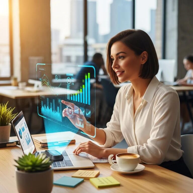 Small business owner using AI technology in a modern workspace