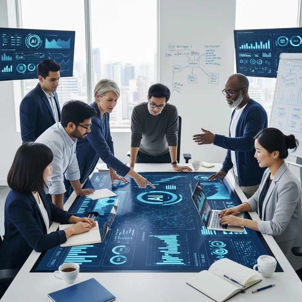 Team collaborating on AI-driven business strategies in a modern office