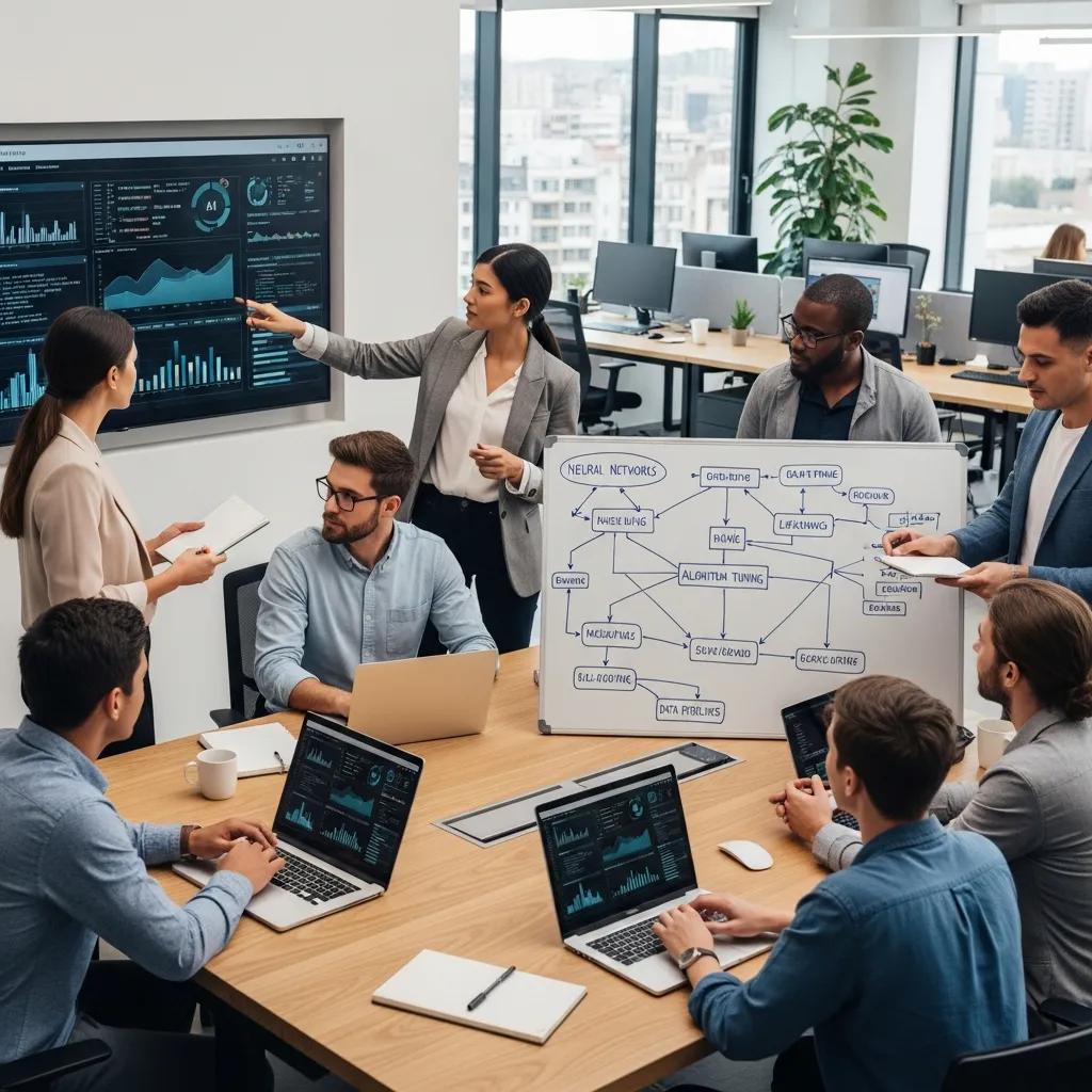 Team collaborating on AI optimization strategies in a modern office