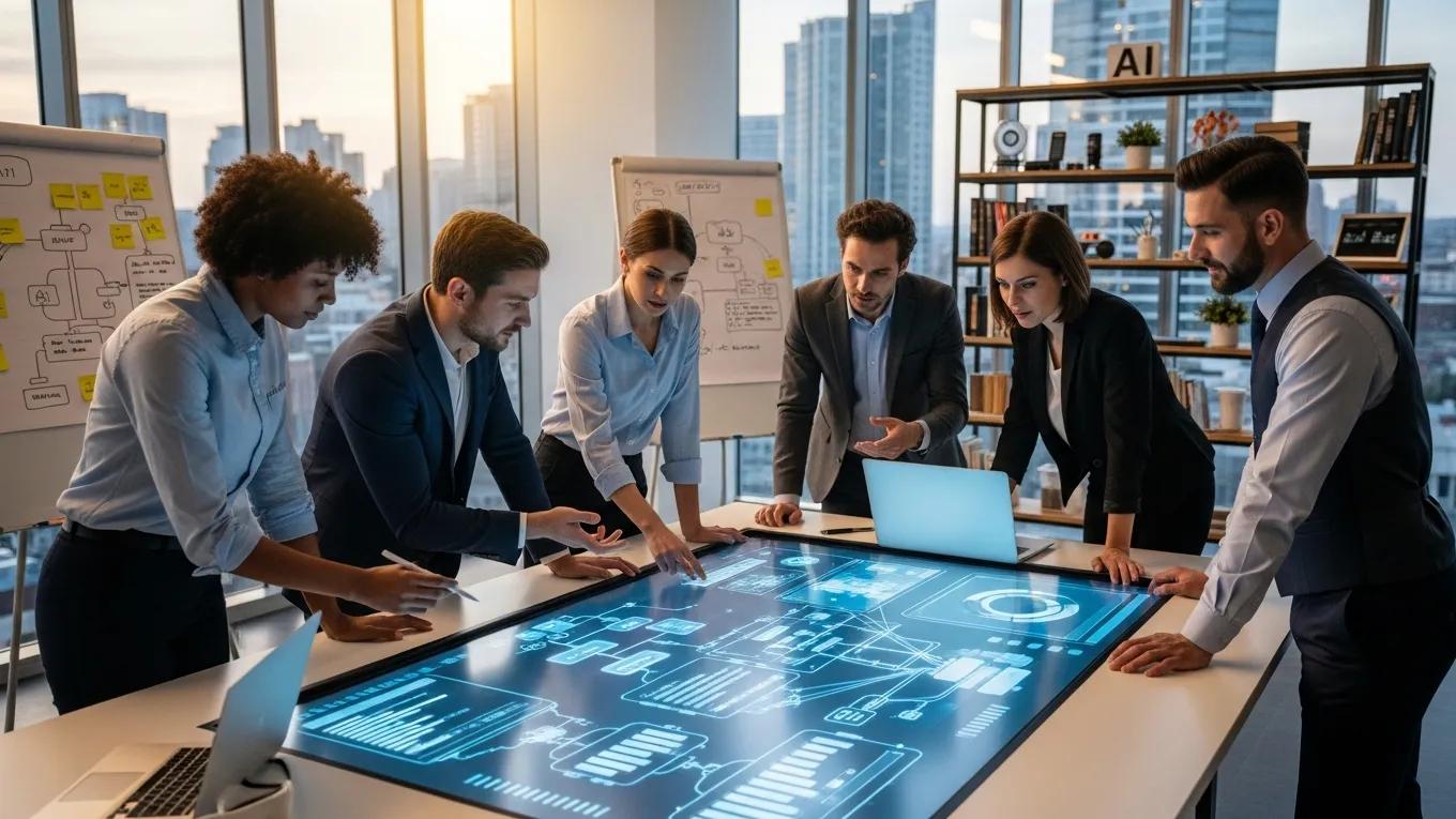 Team collaboration on AI technology in a modern office setting
