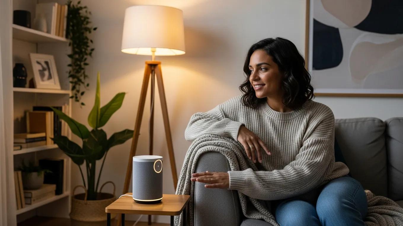 Person interacting with a voice-activated device in a cozy home setting, illustrating voice search optimization and natural language processing.