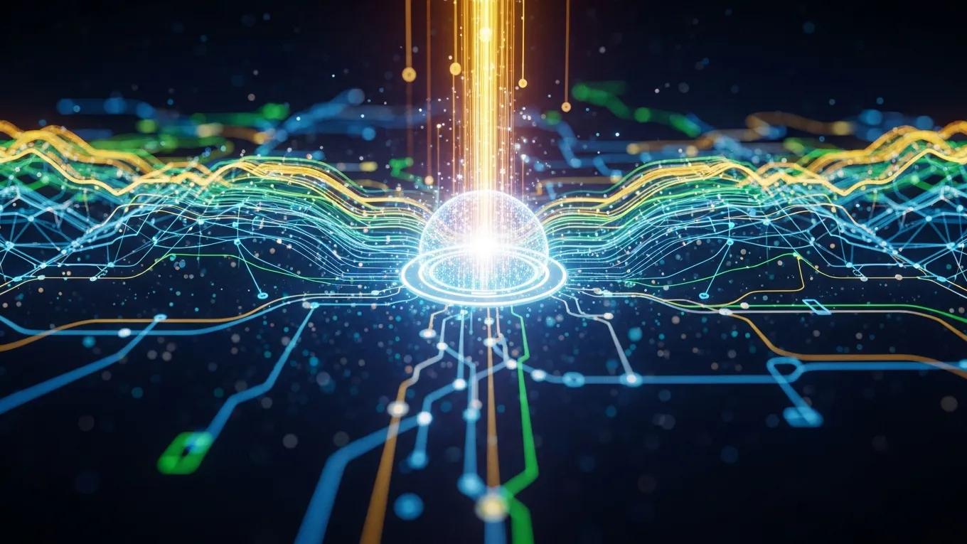 Abstract representation of AI search algorithms with neural networks and data flow, showcasing vibrant colors and dynamic design, illustrating the concepts of Answer Engine Optimization (AEO) and advanced technologies in search strategies.