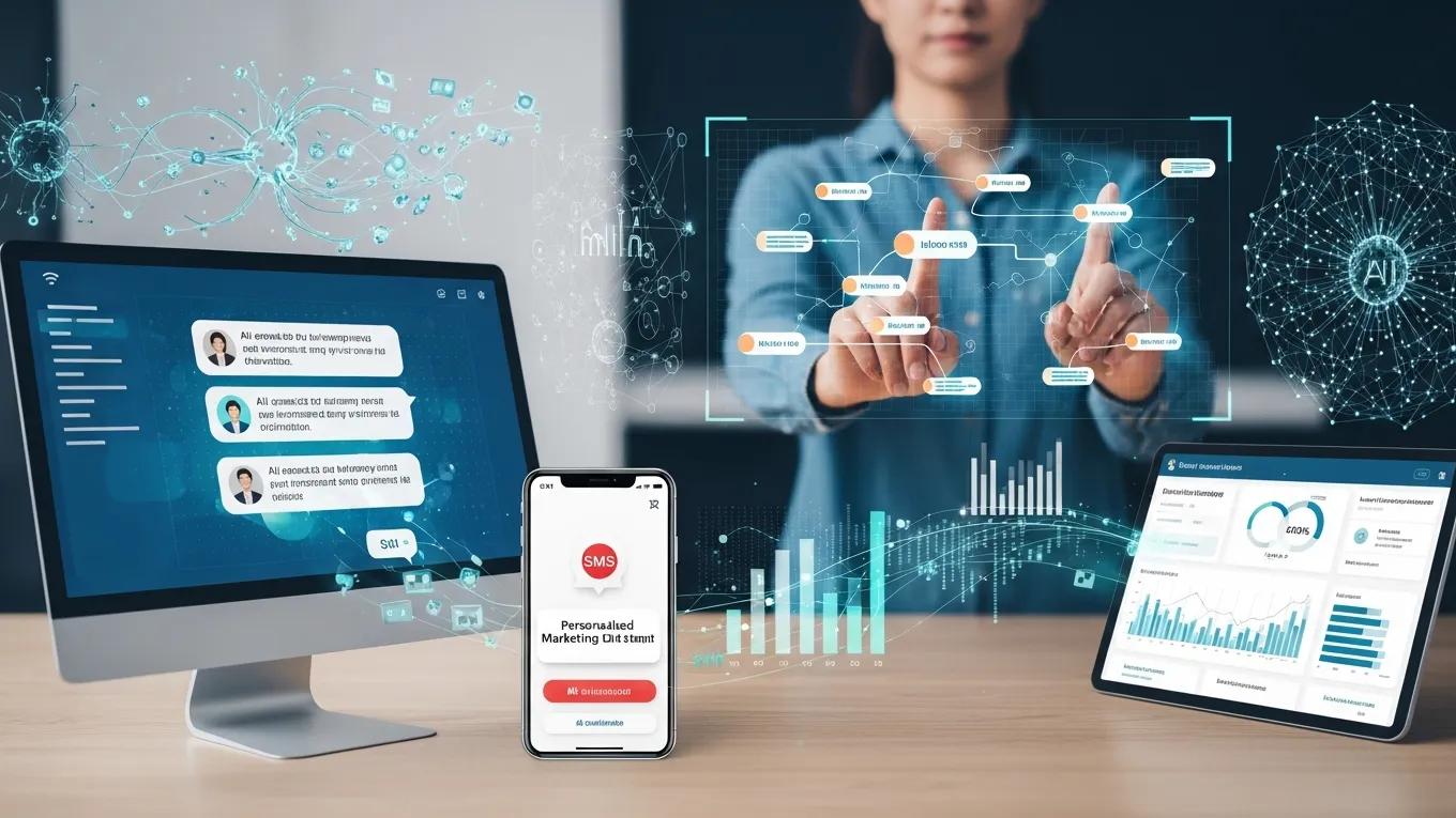 Person interacting with digital marketing analytics and AI tools on multiple screens, showcasing personalized marketing strategies and lead generation data visualization.