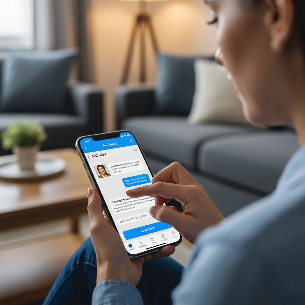 Person interacting with an AI chatbot on a smartphone, showcasing real-time lead qualification and engagement for real estate marketing automation.