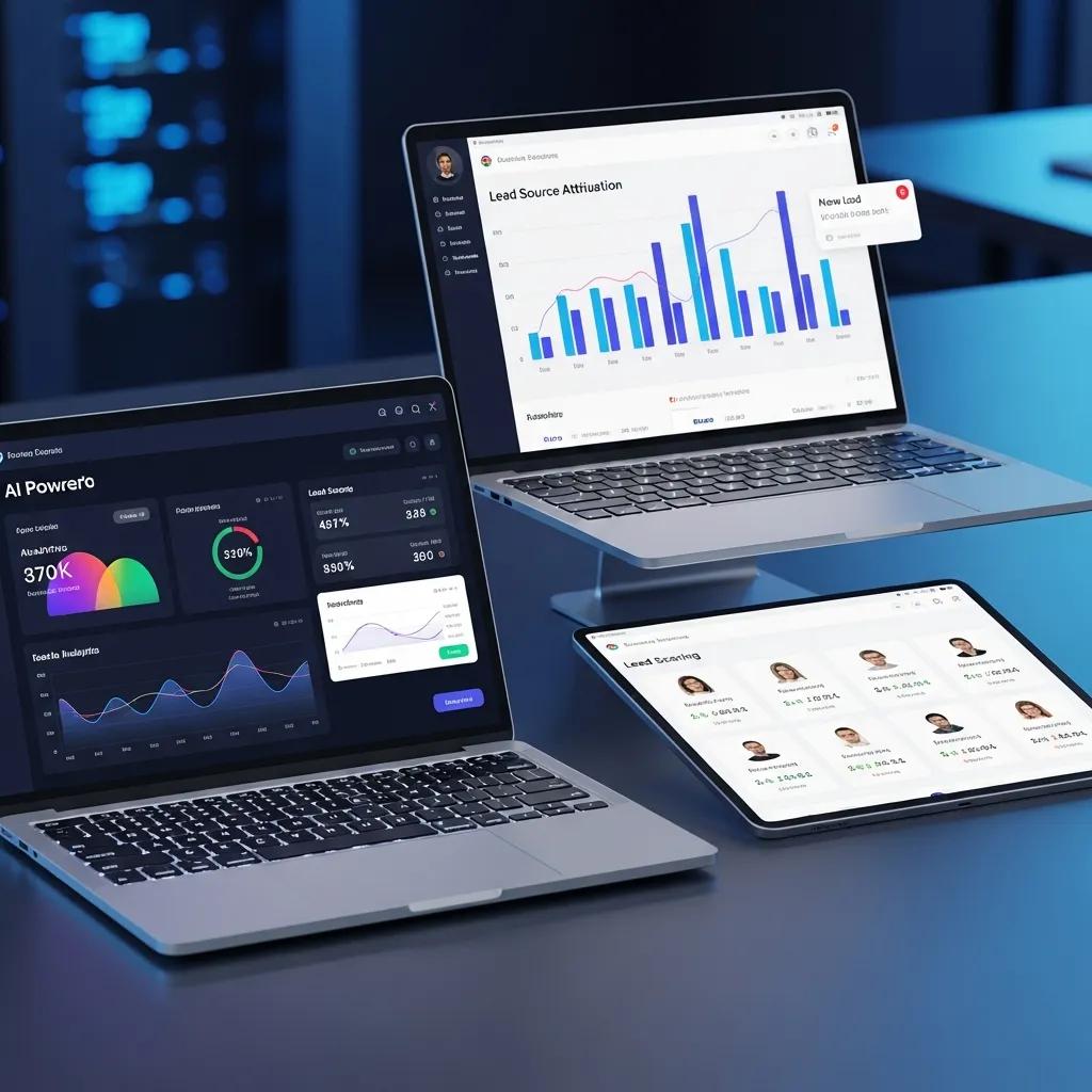 AI-powered lead generation tools displayed on laptops and a tablet, featuring data analytics and lead scoring metrics in a tech-savvy environment.