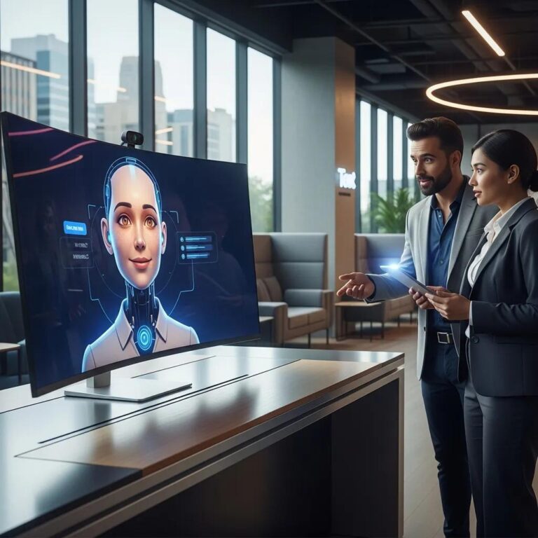 AI receptionist interacting with customers in a modern office setting