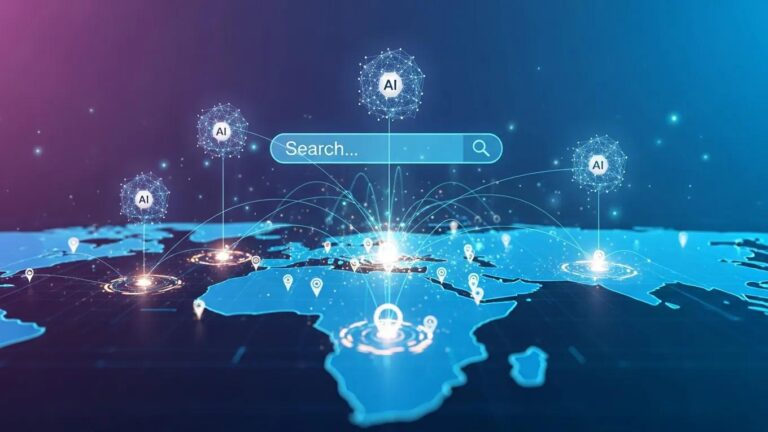 AI search optimization strategies with global geographic targeting on a digital world map.