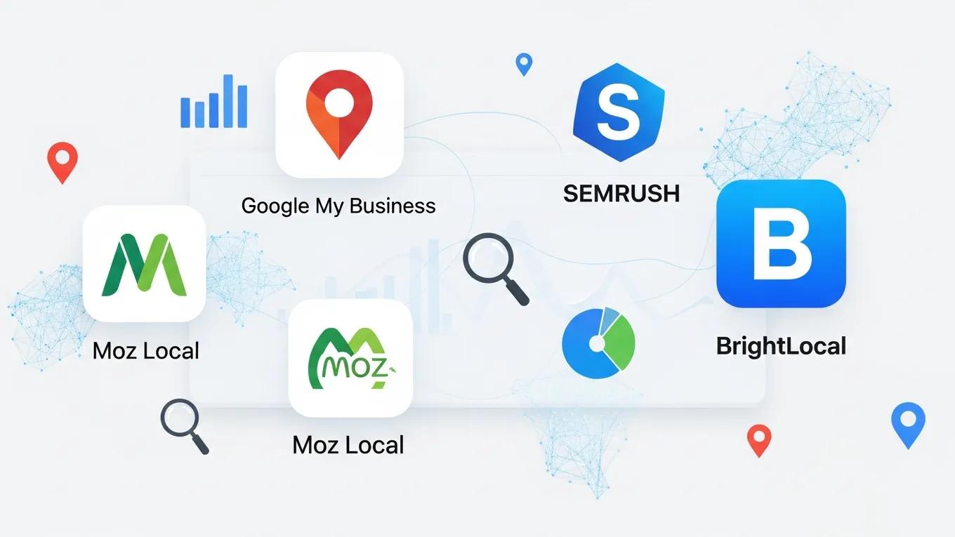 AI tools for local search optimization, including Google My Business, SEMrush, Moz Local, and BrightLocal, with location markers and data analytics visuals.