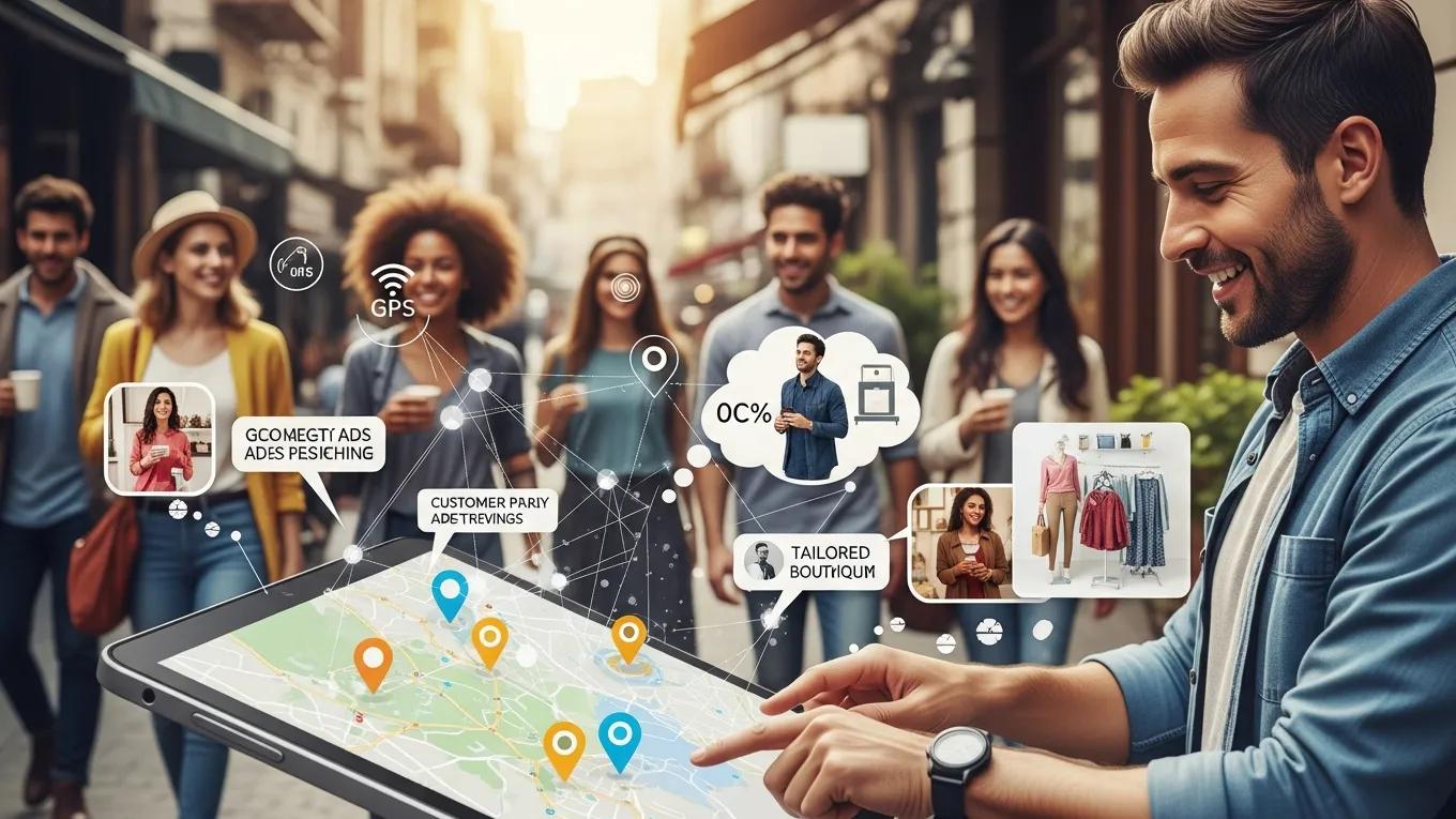 Business owner utilizing geo-targeting strategies to connect with local customers through mobile engagement