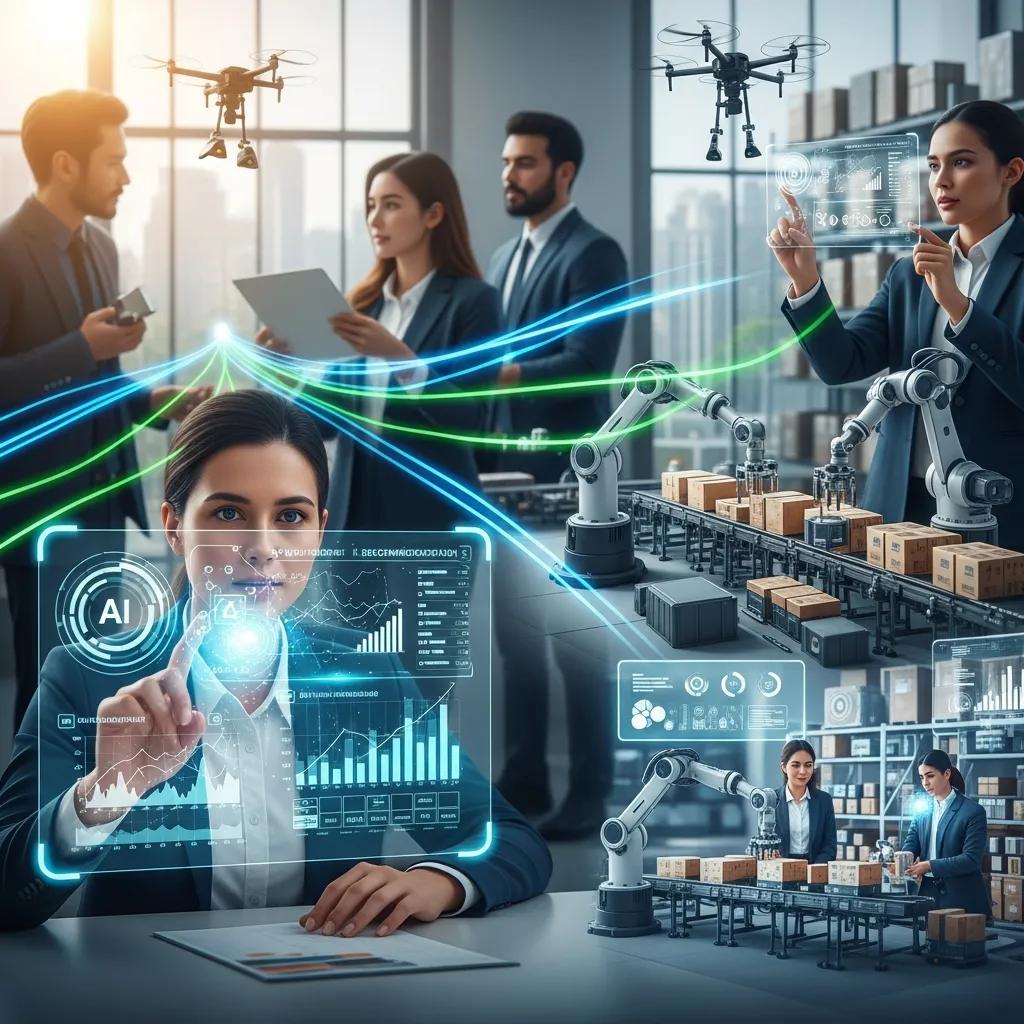 Business professionals analyzing AI-driven insights, showcasing automation with robotic arms and drones, data analytics visuals, and operational efficiency in a modern workspace.