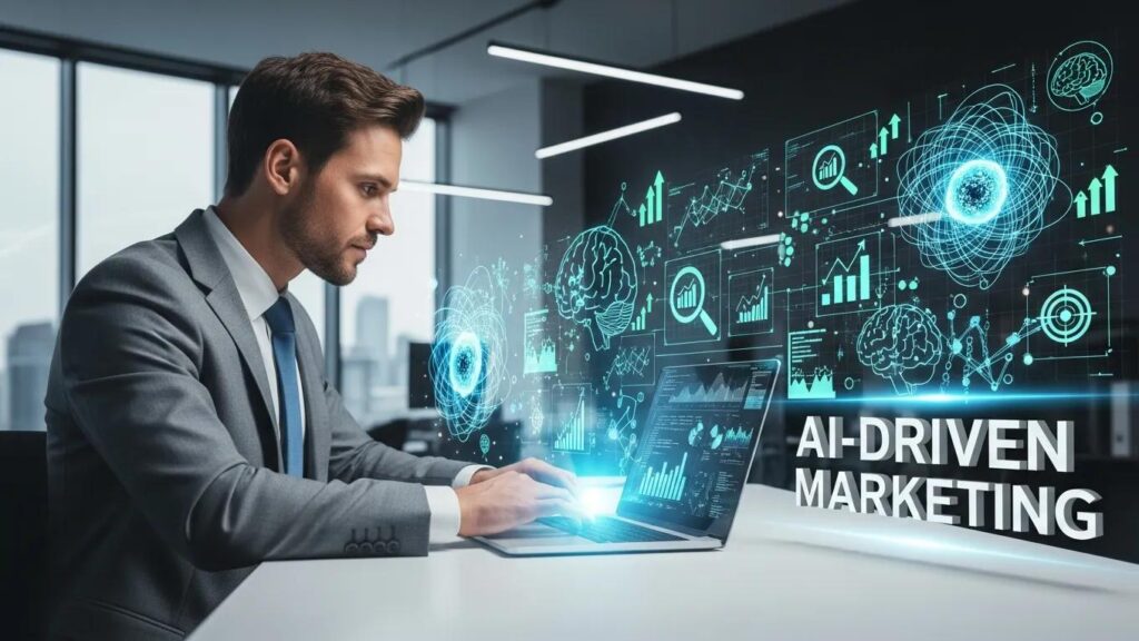Business professional analyzing AI-driven marketing data on a laptop, with digital graphs and analytics visualizations in a modern office setting.