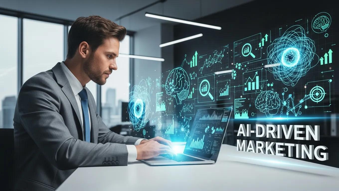 Business professional analyzing AI-driven marketing data on laptop with digital graphs and analytics visuals.