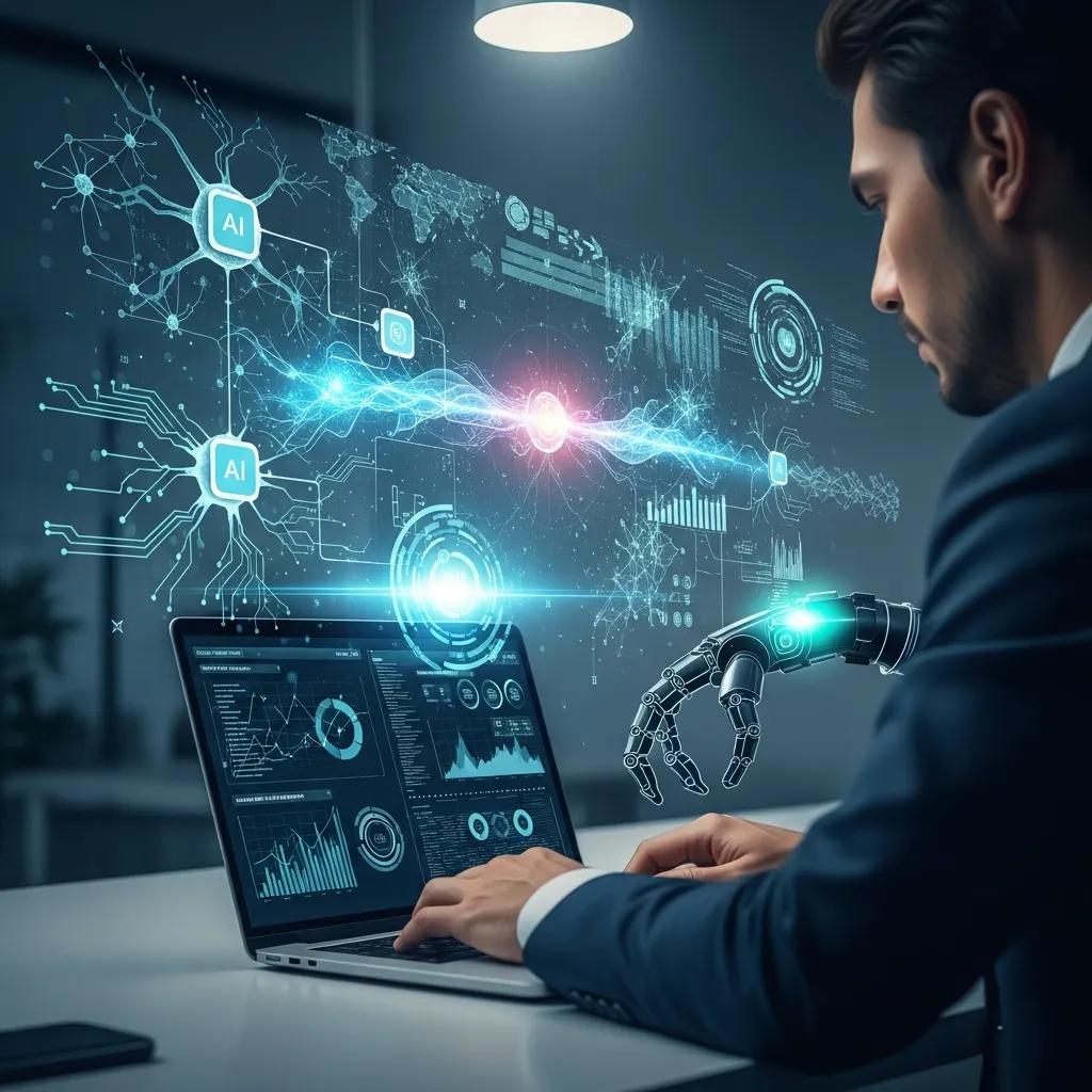Business professional analyzing AI optimization strategies on a laptop, with holographic AI data visualizations and robotic hand interface, illustrating automation and operational efficiency.