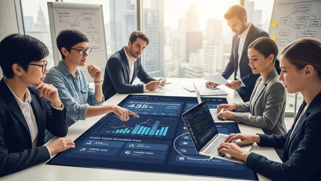 Business professionals collaborating on AI-driven search optimization strategies