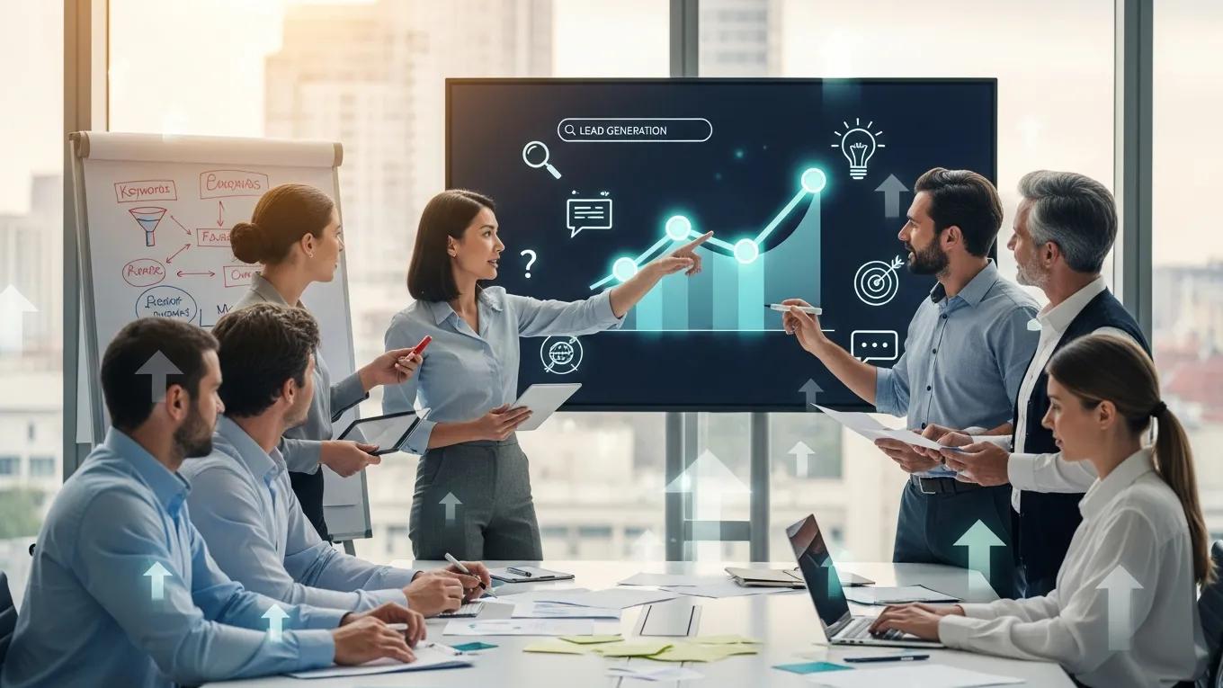 Business professionals discussing lead generation strategies, analyzing data trends on a digital screen, incorporating concepts of answer engine optimization and AI-driven SEO techniques.